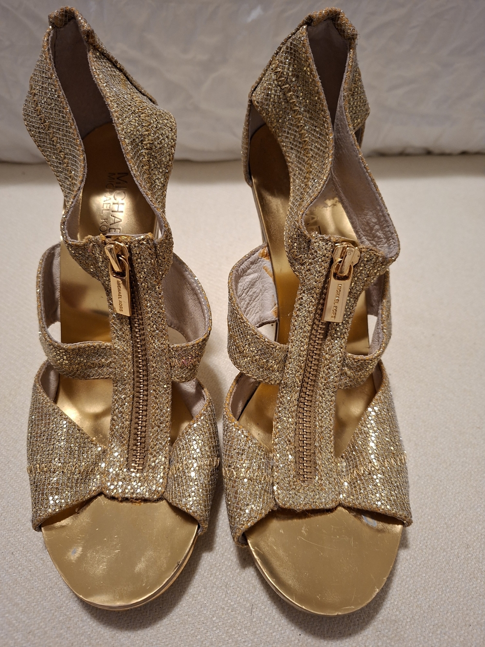 Michael Kors Gold Metallic Glitter Zip-Front Heeled Sandals, Size 8M